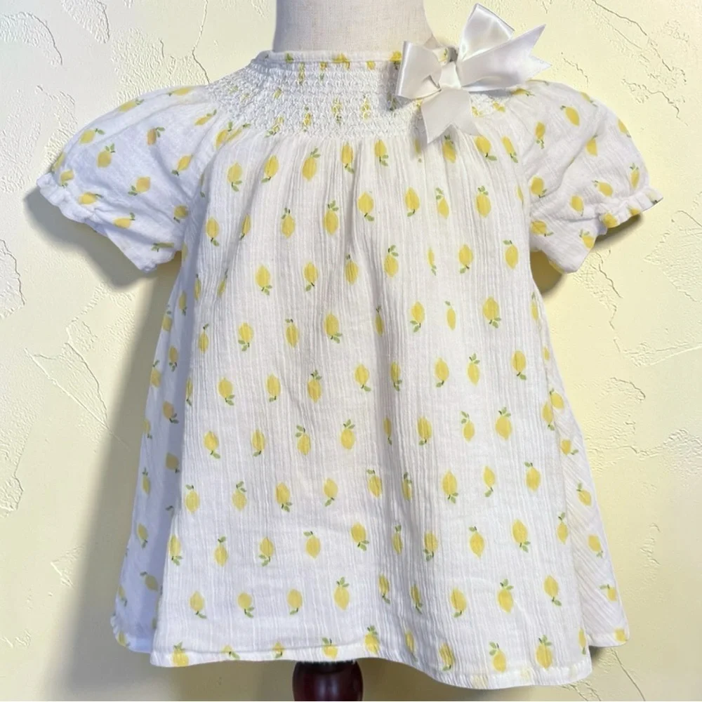 Artisan NY Lemon Print Smocked Dress 24M White Yellow Bow Summer Toddler